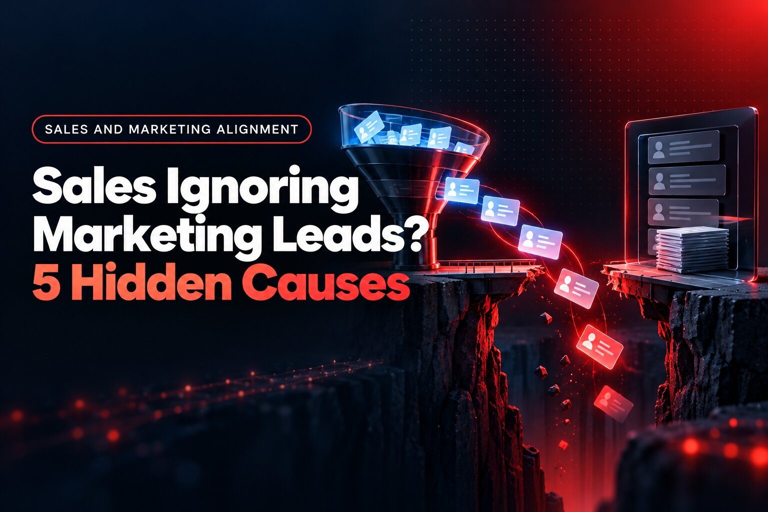 Sales ignoring marketing leads shown as a broken bridge between marketing and sales